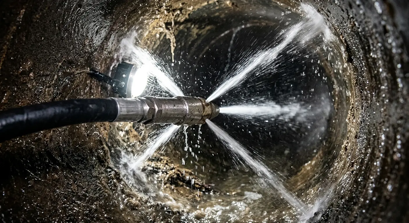 High-pressure hydro jetting nozzle cleaning sewer pipe for Sewer Cleanout in Niagara Falls