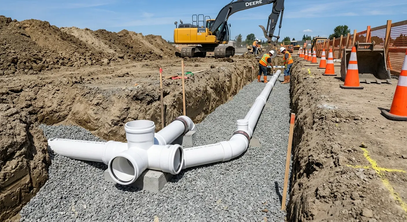 New PVC sewer pipe installation in open trench for Sewer Backup in Niagara Falls