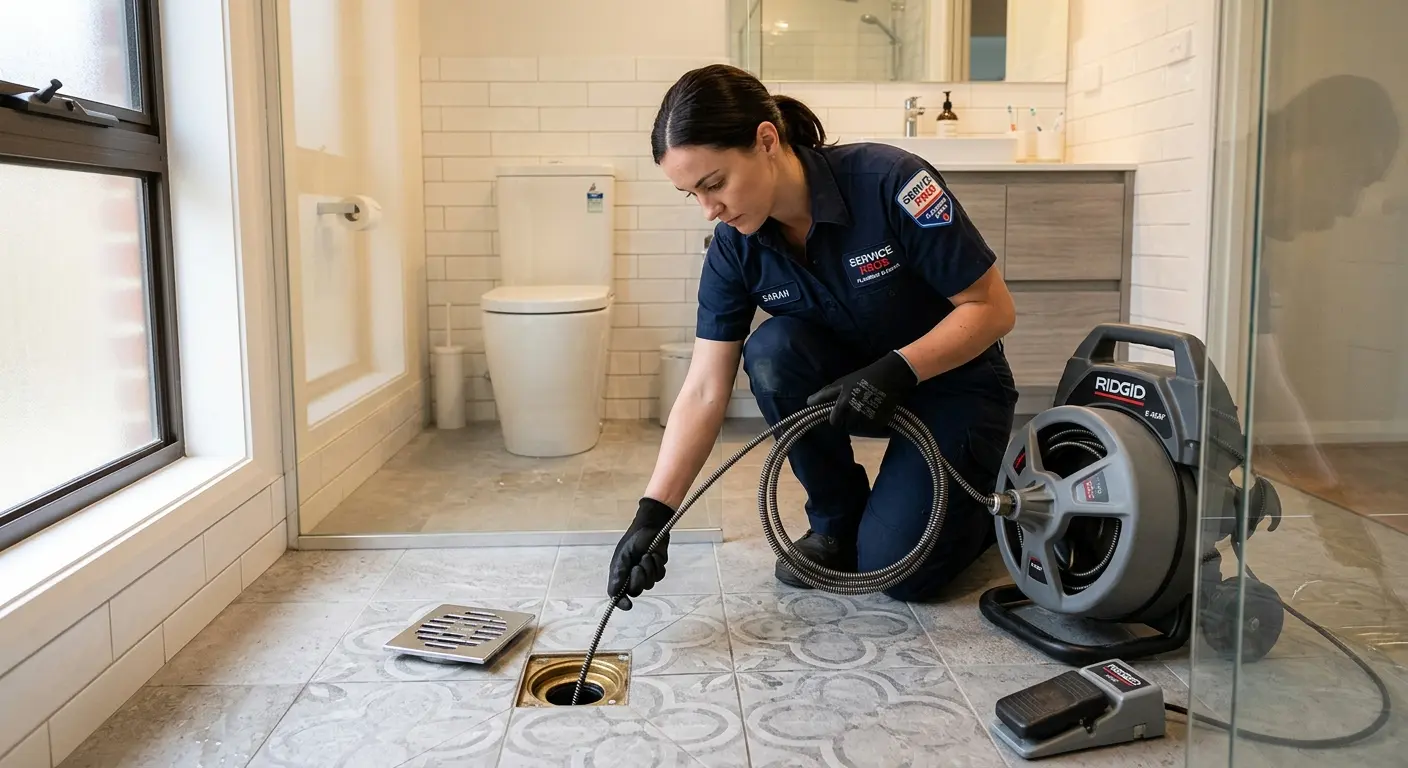 Technician clearing a bathroom floor drain for Drain Cleaning in Niagara Falls